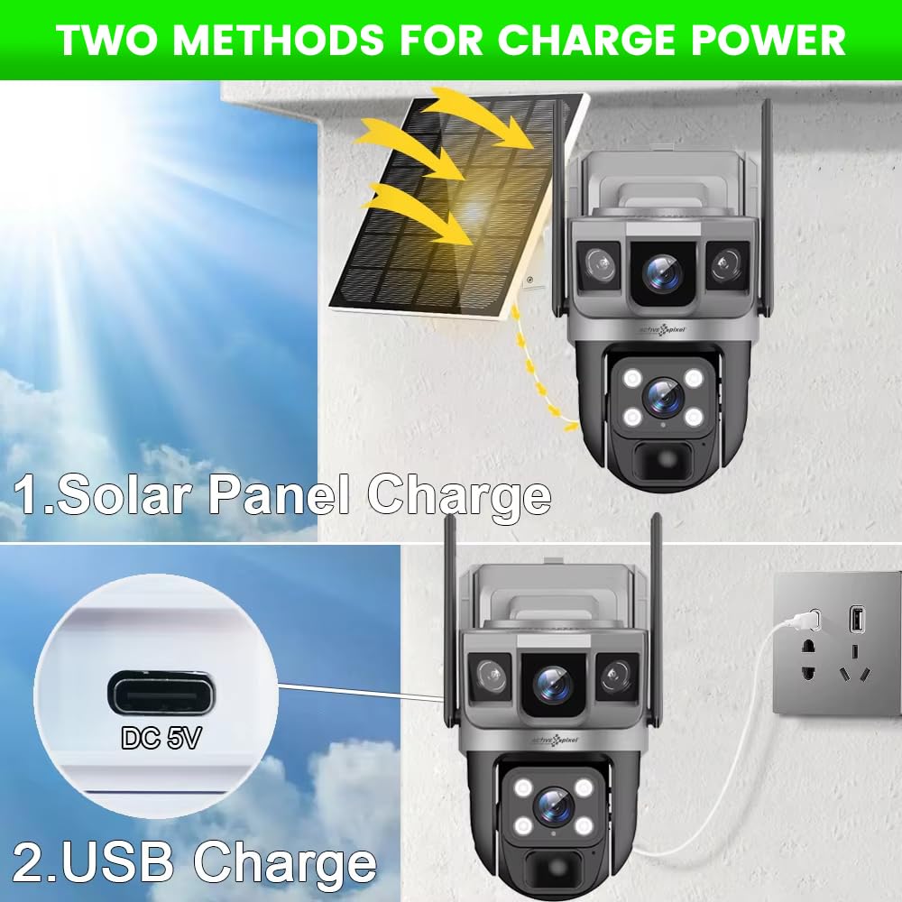 Active Pixel 4G Dual Camera 4mp+4mp Lens Solar Powered | 4G SIM | IP66 Waterproof | 2-Way Audio | Outdoor Surveillance for Agriculture,Construction Site,Farm,Garden etc (Solar Dual Camera)