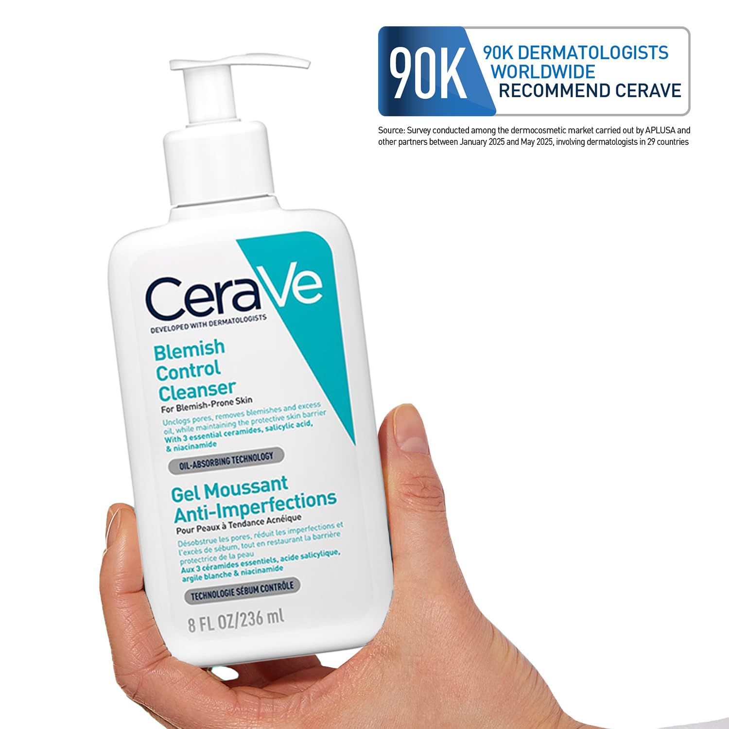 Cerave Blemish Control Cleanser with 2% Salicylic Acid & Niacinamide for Acne Prone Skin, Controls Acne & Spots, Unclog Pores & Reduces Blemishes, 236ml
