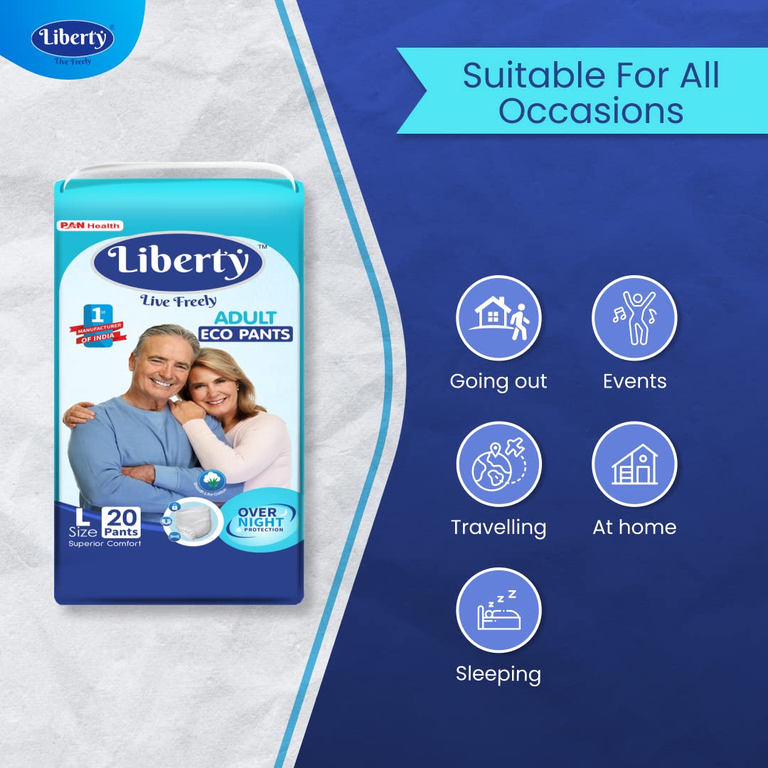 Liberty Eco Adult Diaper Pants, Large (L) 20 Count, Waist Size (75-140cm | 30-55 inches), Unisex, High Absorbency, Leak Proof, Overnight Protection, Pack of 1 - Springkart 