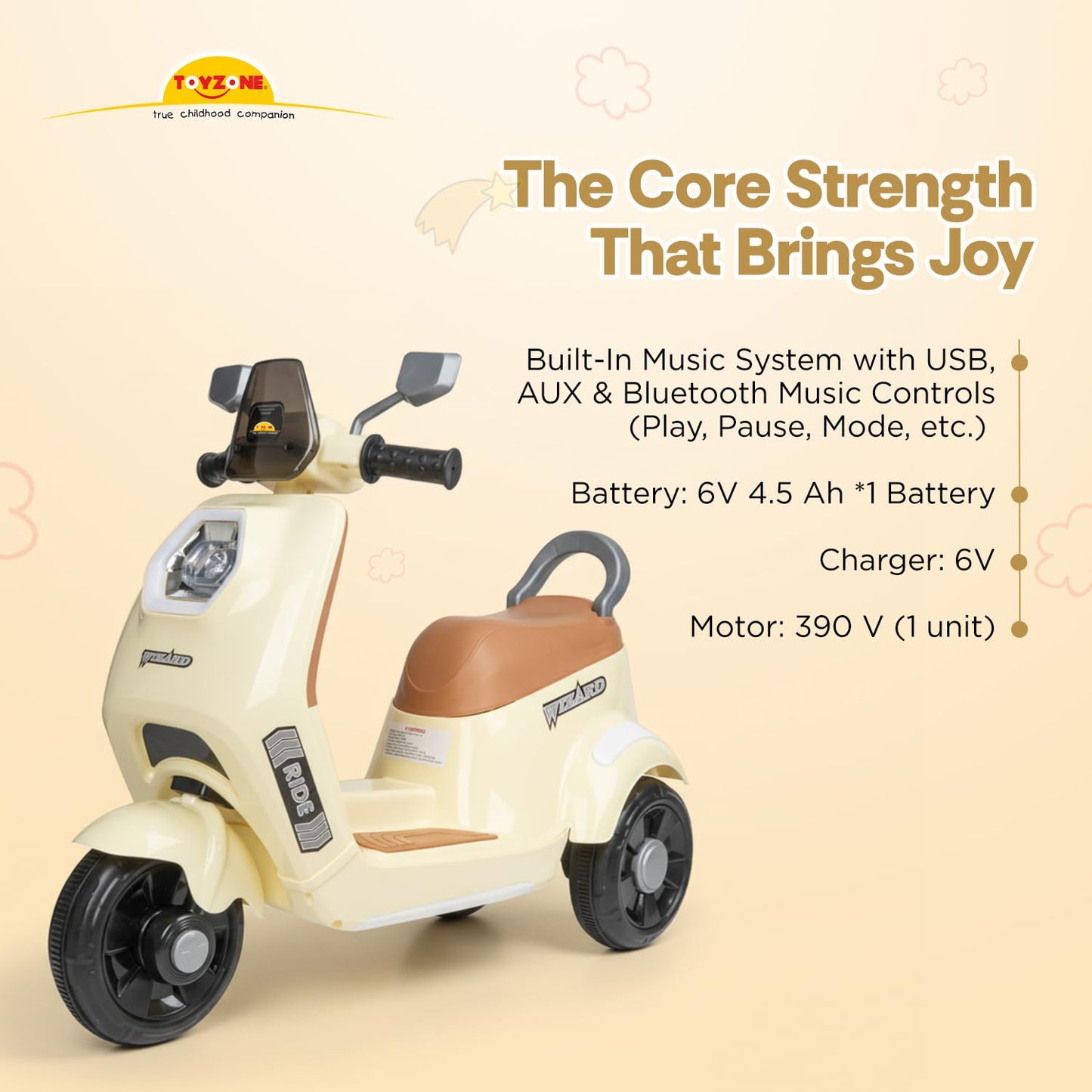 Toyzone Wizard Electric Scooty | Rechargeable Scooty 6V | Powered by 6.5 ah Battery | Music Player with Bluetoooth & USB | 6 Month Warranty on Battery | Make in India | for Kids 2+ Years (Ivory)