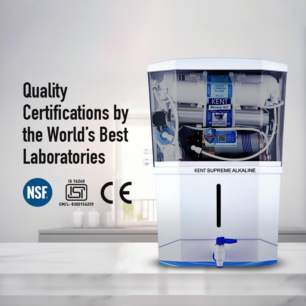 KENT Supreme Alkaline RO Water Purifier|RO+UV+UF+Alkaline+TDS Control+UV LED Tank |.0001 Micron RO Membrane|Auto flush feature|20LPH|Ideal for Borewell/Tanker/Municipal Water