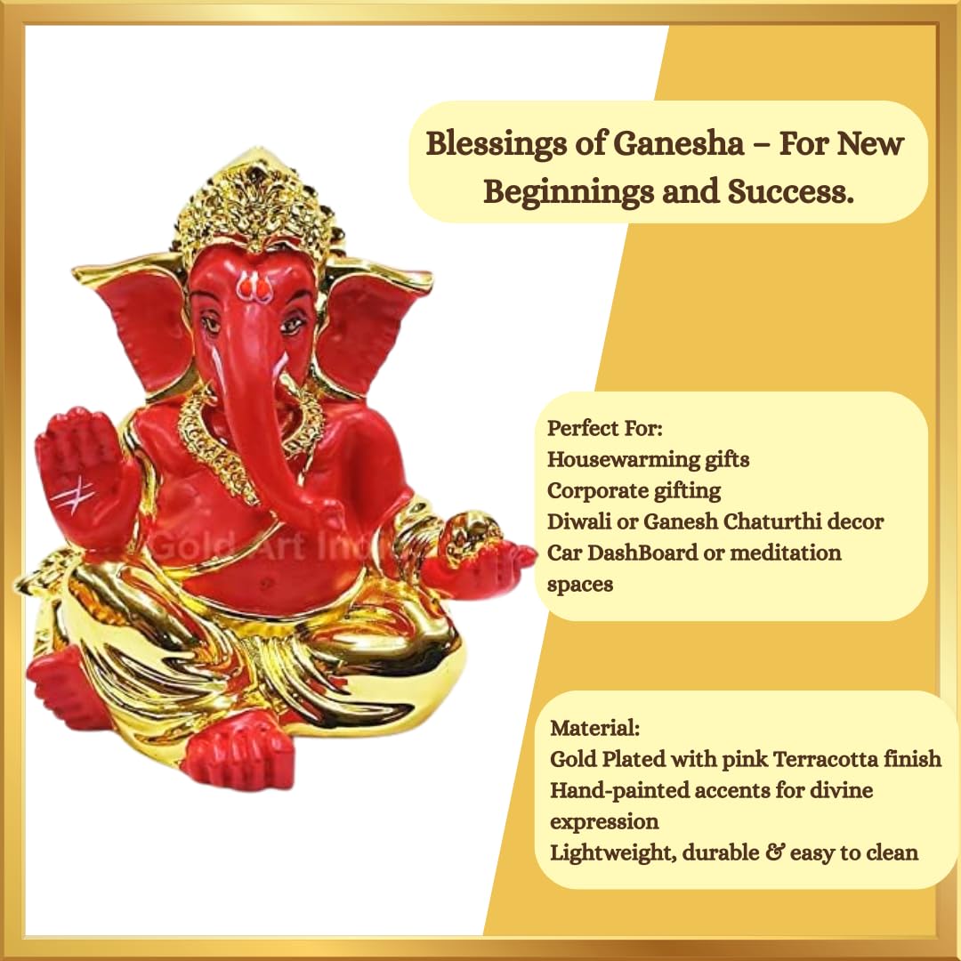 Gold Art India Gold and Silver Plated Matte Finish Ganesh Idol For Car Dashboard Ganesha Murti Ganpati Idol For Home Decor Puja Lord Ganesh Statue Gift For Office Desk Puja Room Figurine, 3 x 3 inches