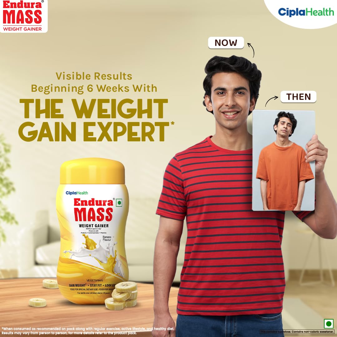 Endura Mass Weight Gainer Powder 550g Banana Flavour | Unique blend of 3 Sources of Protein, Carbs, Vitamins & Essential Minerals | Ideal for Children Above 10 Years, Men, Women & Athletes