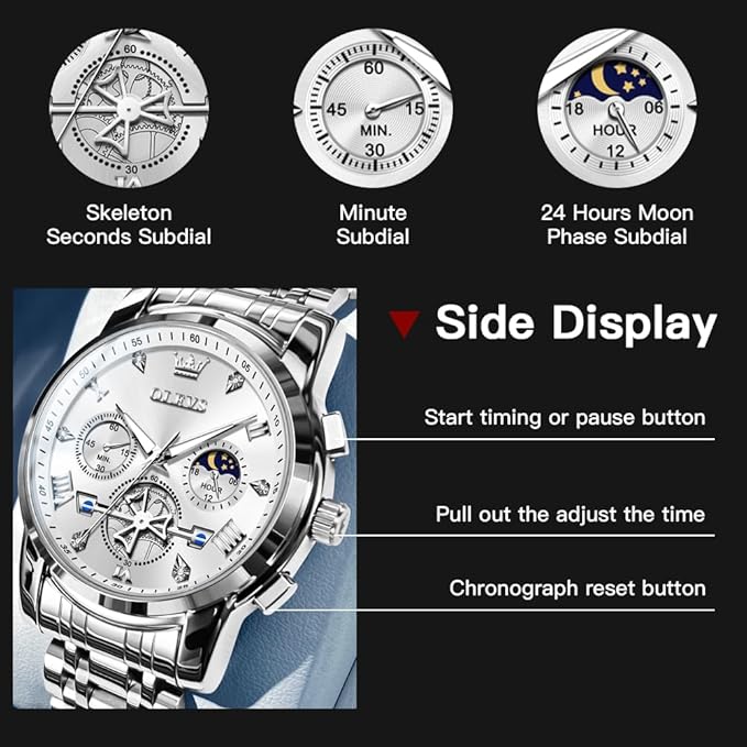 OLEVS Mens Chronograph Watch Gold Silver Stainless Steel Chain Quartz Wrist Watches Business Dress Waterproof Luminous Date Watch