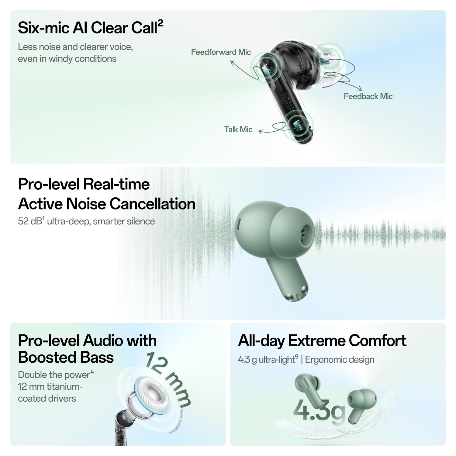 OnePlus Nord Buds 4 TWS Earbuds with 52dB Real-time ANC, Game Sound Spatial Audio, 6-Mic AI Clear Calls, Up to 54hrs Playback, 10 min for 11 hrs Fast Charging, Bluetooth 6.1 - Stellar Black