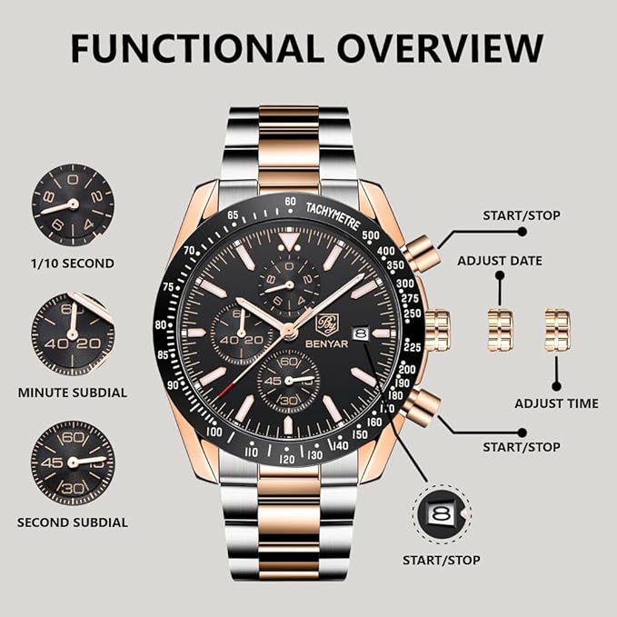 BENYAR Men's Luxury Chronograph Watch – Business, Casual | Quartz Movement with Date Display | Stylish Wristwatch | Gift for Men