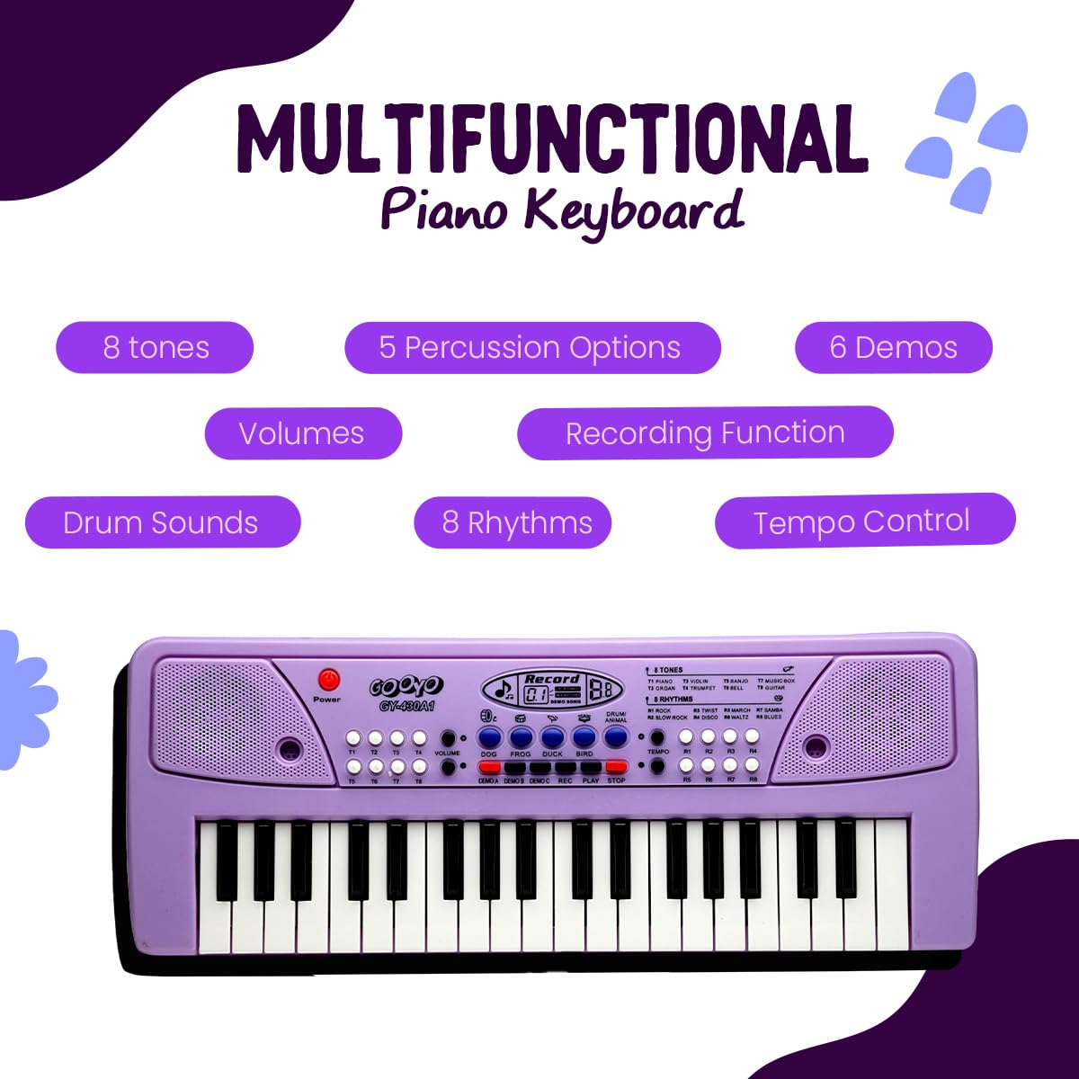Gooyo GY-430CF 37-Key Musical Piano Keyboard with Microphone | 8 Rhythms, 8 Tones, 6 Demos, Song Record Feaure | Dual Power Supply (USB Included) | Purple Color | Gift Box Packaging