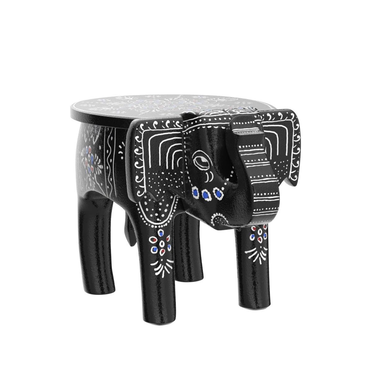 JH Gallery Handcrafted and Emboss Painted Colorful Wooden Elephant Shape Stool Table (8 Inches Height, Black)