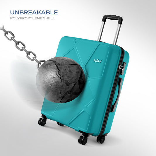 Safari Pentagon Pro 8 Wheels Spinner Checkin Trolley Bag, Hard Case Polypropylene 360º Wheeling Luggage for Men & Women, Suitcase Bag for Travel, Cyan, 65 cm, Medium Size