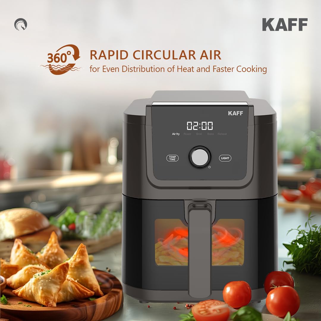 KAFF KFR5 Digital Air Fryer Oven with 360° High Speed Air Circulation Technology -1500W| Bake, Grill & Roast|Digital LED Display & Touch Control Panel (5L, Light Black)