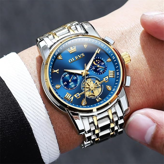 OLEVS Mens Chronograph Watch Gold Silver Stainless Steel Chain Quartz Wrist Watches Business Dress Waterproof Luminous Date Watch