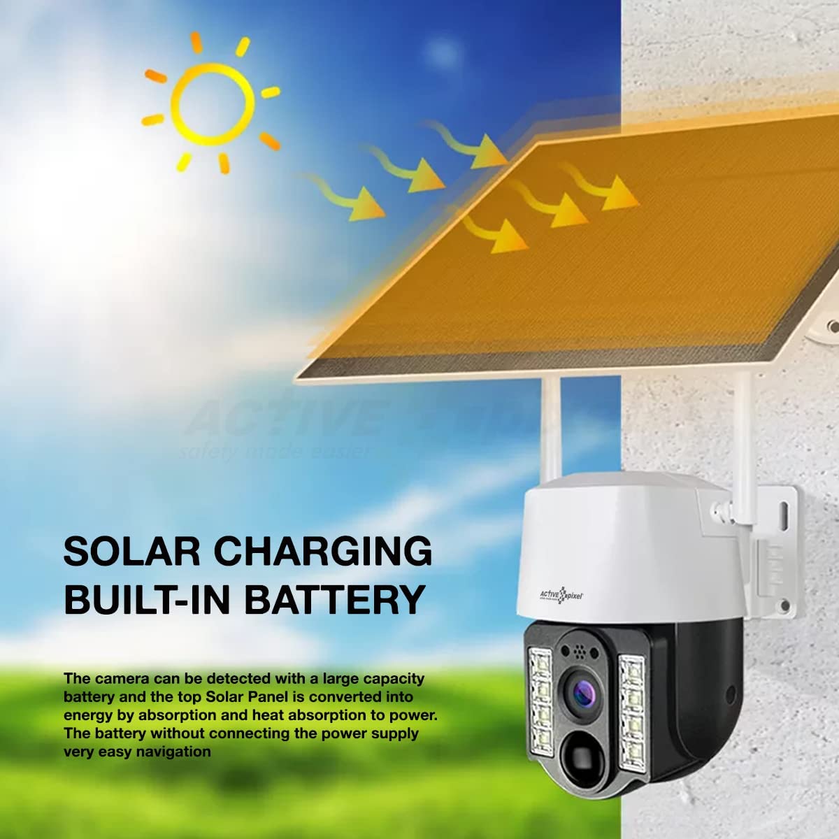 Active Pixel 4G 4mp Solar Battery Powered SIM Card Supported Wireless CCTV Security Camera, IP65 Waterproof, Two-Way Audio, PIR Motion Detection, Pan Tilt.
