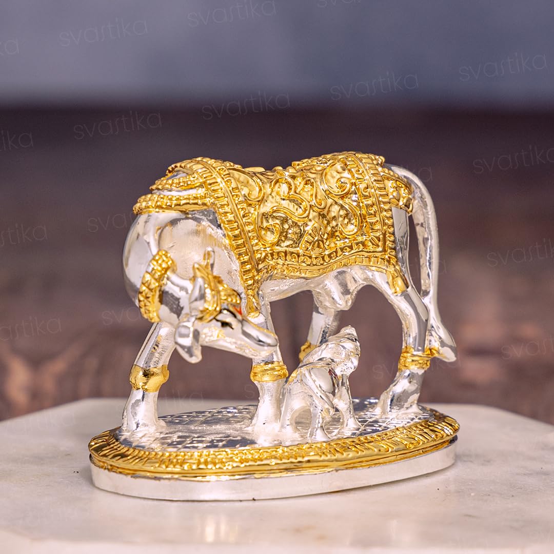 Svastika Vastu Kamdhenu Cow with Calf Idol | 24K Gold & 999 Silver Plated | Excellent Vastu Correction Remedy for Financial Problems | Wedding & Housewarming Gift - Springkart 