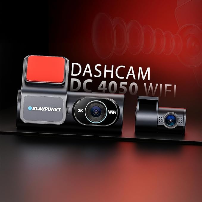 Blaupunkt Dashcam-DC 4050 WiFi Dual Camera 2K +1080P,Dual Port Charger,Dashboard Mount,G Sensor,256GB SD Card Capability,Mobile APP,140° Wide Angle View,Built-in Mic and Speaker,Time & Date Stamp