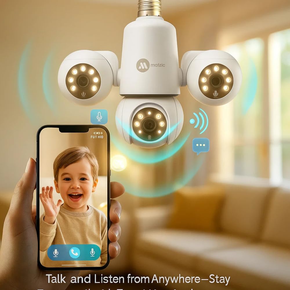 Maizic Smarthome Trion Bulb 5+5+5MP FHD Triple Lens WiFi CCTV Camera | Manual Side Rotation | 360° View | Color Night Vision | AI Human Detection | Two-Way Audio | Indoor Security | TF Card Support
