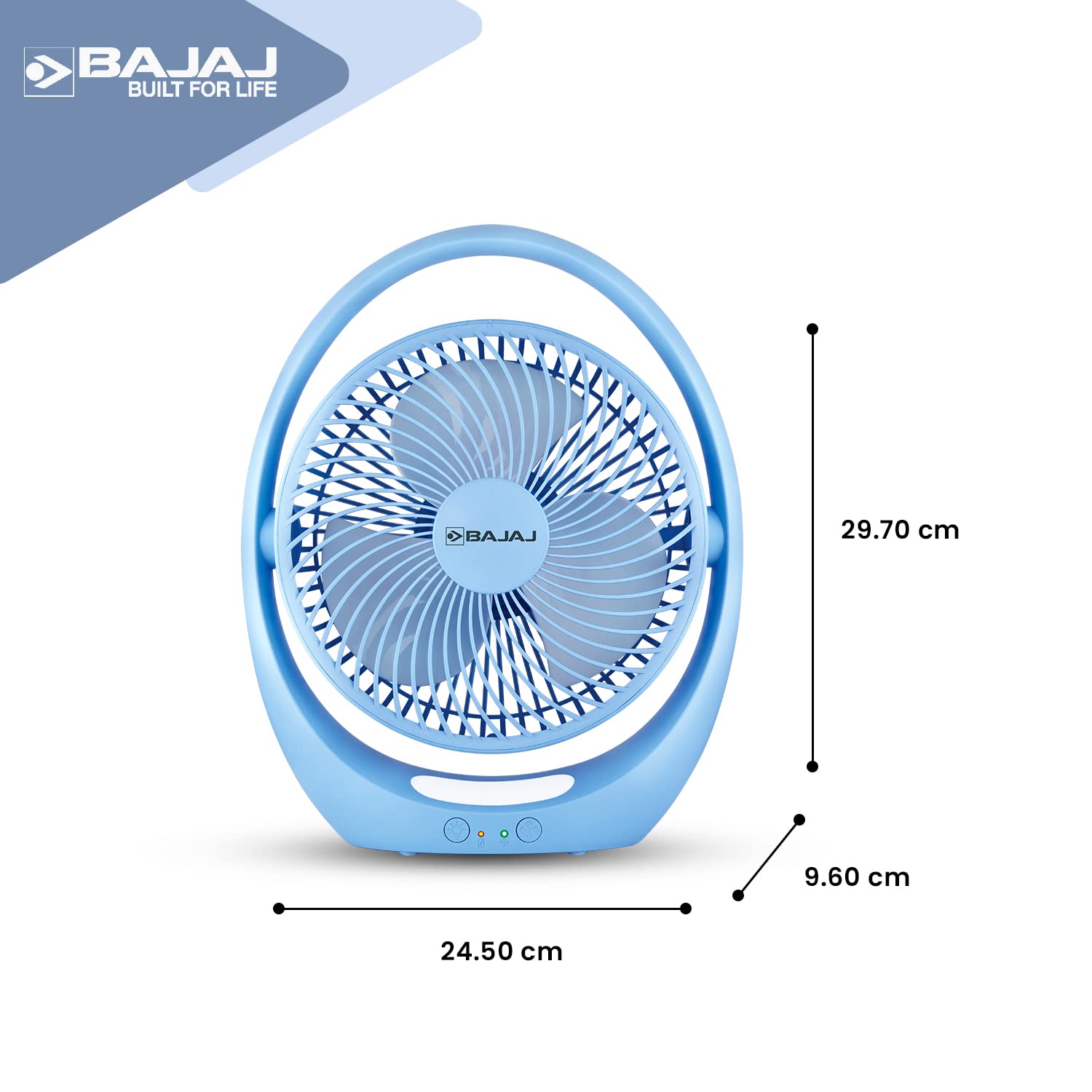 Bajaj Pygmy Go 178MM Mini Fan with LED Lighting | Rechargeable | USB Charging | 4-hours Battery Backup | 3 Speed | 2-Light Brightness Setting | High Speed | Portable【Blue】