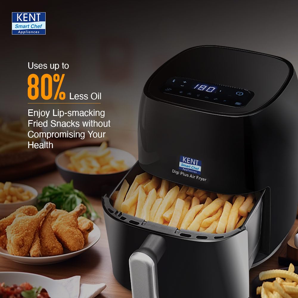 KENT Digi Plus Air Fryer | 4L Capacity & 1300W | Fry, Grill, Roast & Bake | Digital Display & Touch Control Panel | Rapid Heating | 80% Less Oil Usage | High Temperature & Uniform Heating | Black