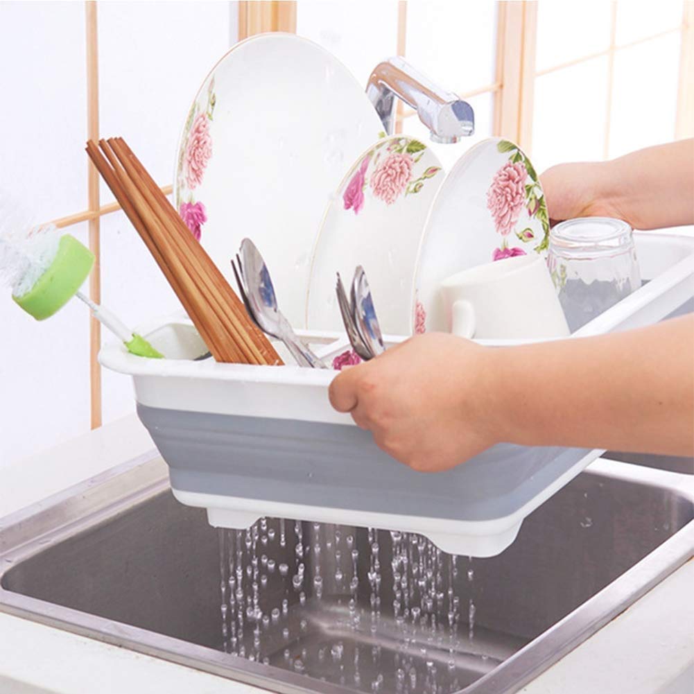 Collapsible Folding Silicone Dish Drying Drainer Rack with Spoon Fork Knife Storage Holder (Brown Box) - Springkart 