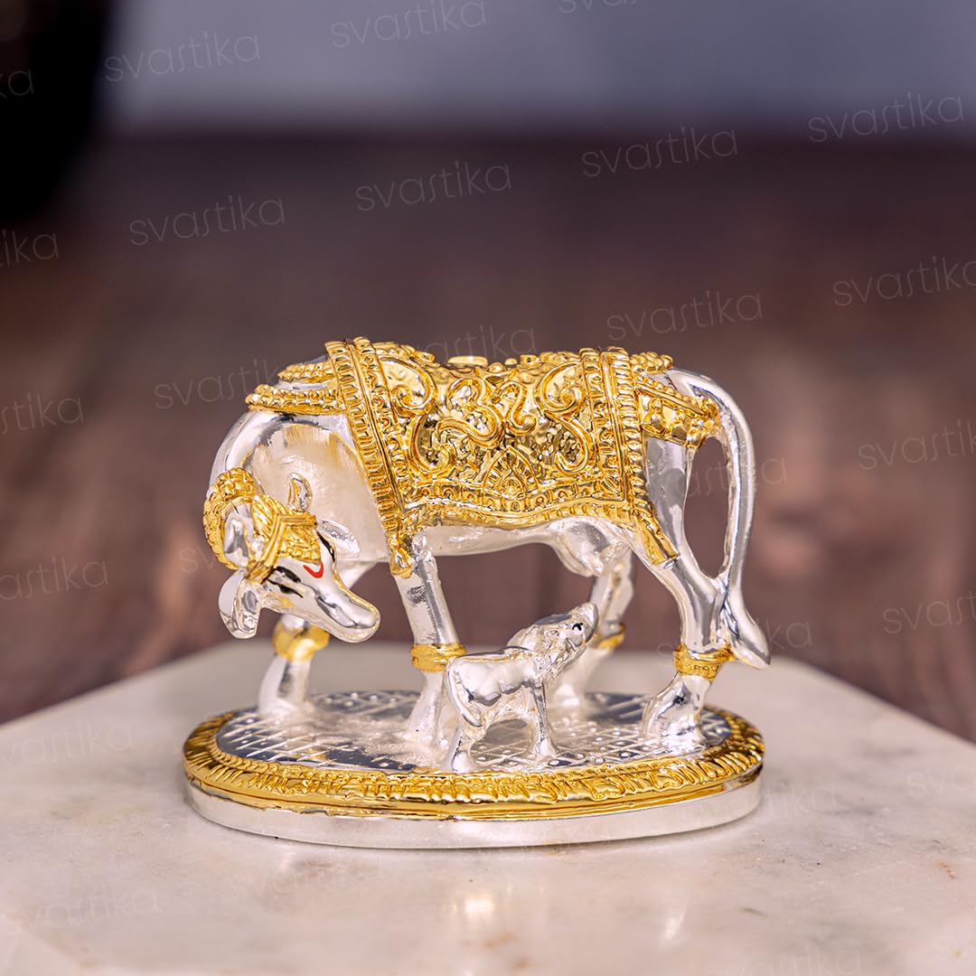 Svastika Vastu Kamdhenu Cow with Calf Idol | 24K Gold & 999 Silver Plated | Excellent Vastu Correction Remedy for Financial Problems | Wedding & Housewarming Gift - Springkart 