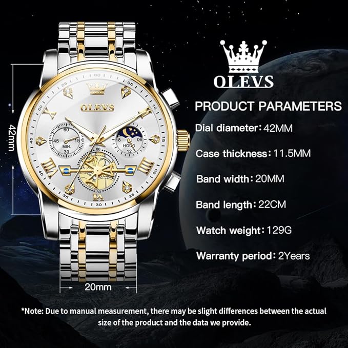 OLEVS Mens Chronograph Watch Gold Silver Stainless Steel Chain Quartz Wrist Watches Business Dress Waterproof Luminous Date Watch