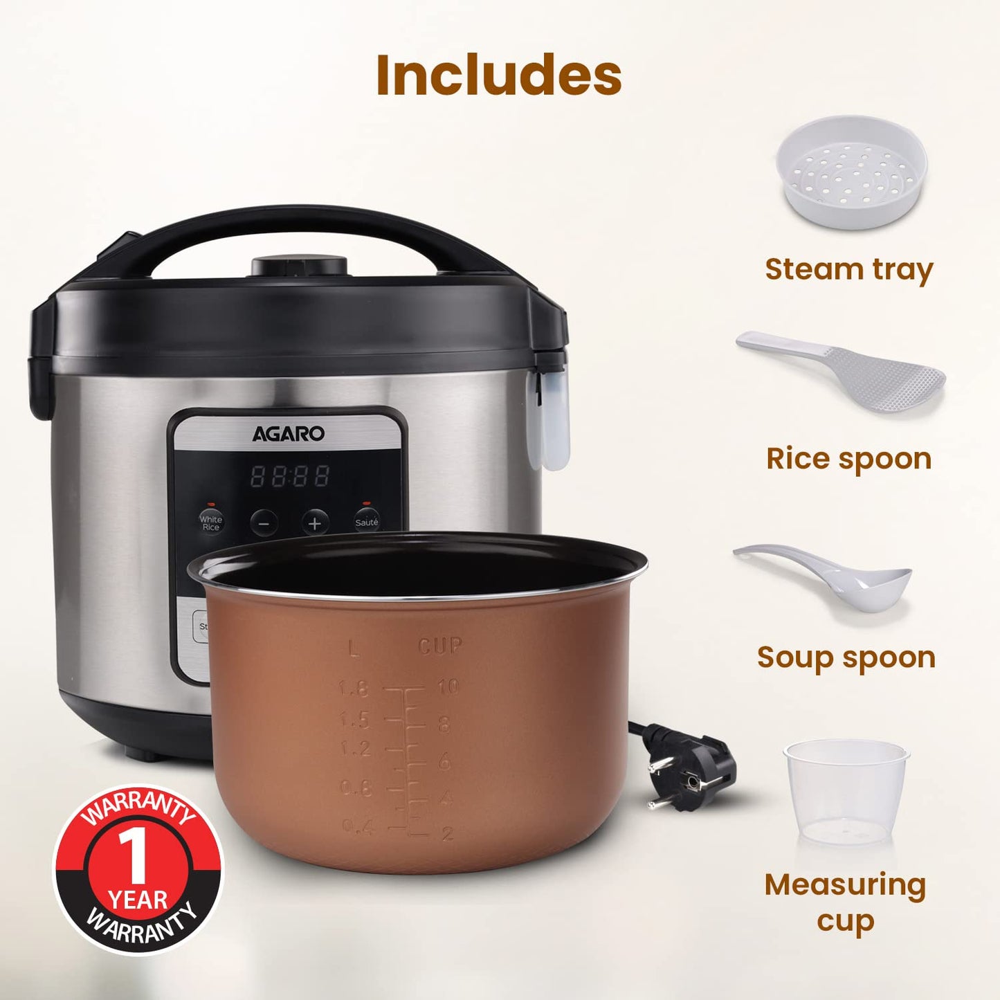 AGARO Royal Electric Rice Cooker, 5 Litre Ceramic Coated Inner Bowl, Steam Basket, 6 Preset Cooking Function With Advanced Fuzzy Logic, Keep Warm Function, 1.5Kgs (approx. 10 cups) raw rice, Silver