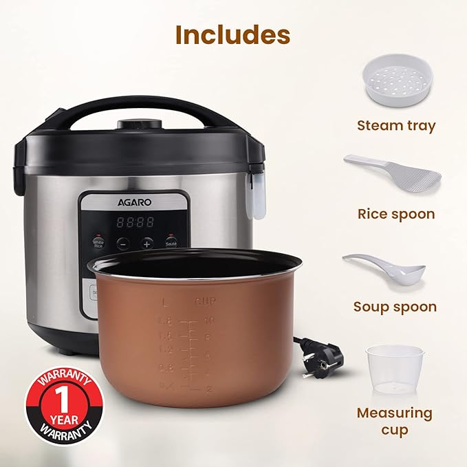 AGARO Royal Electric Rice Cooker, 5 Litre Ceramic Coated Inner Bowl, Steam Basket, 6 Preset Cooking Function With Advanced Fuzzy Logic, Keep Warm Function, 1.5Kgs (approx. 10 cups) raw rice, Silver