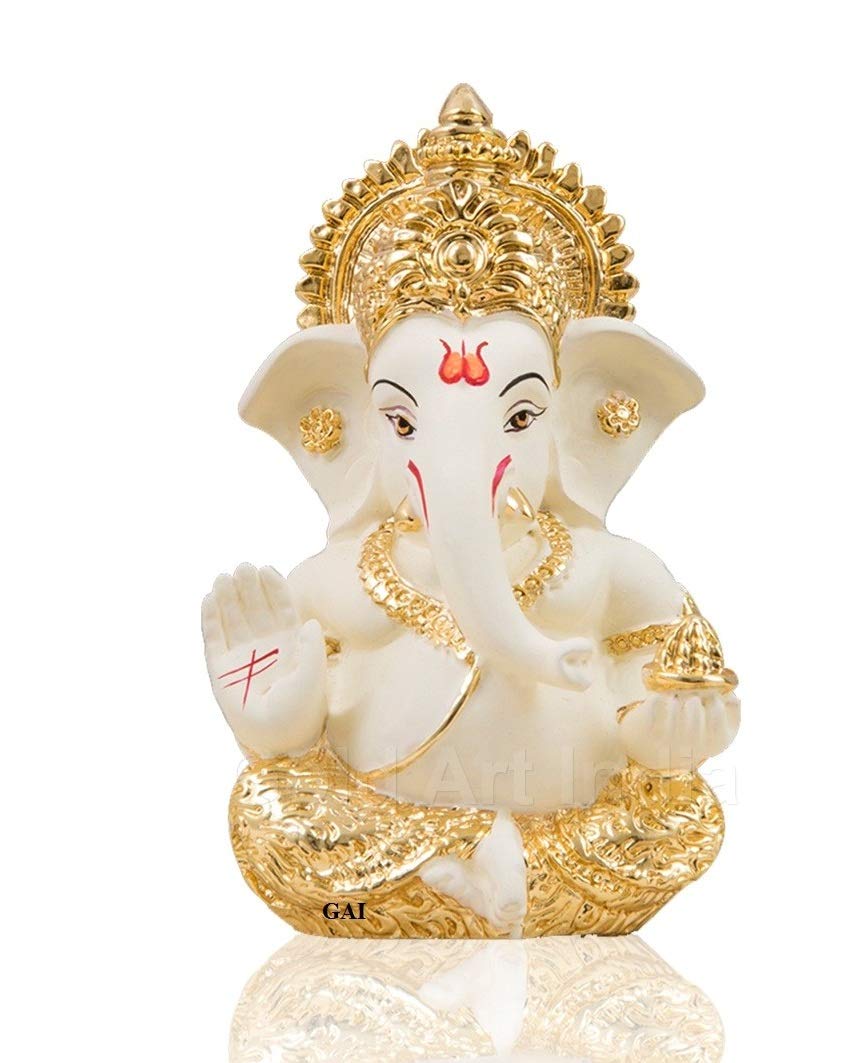 Gold Art India Polyresin Lord Ganesha Idol for Car Dashboard, Home, Office | Ganpati Statue for Mandir Decor | Handcrafted Ganesh Murti (2 x 2.5 inch, Red & Orange)