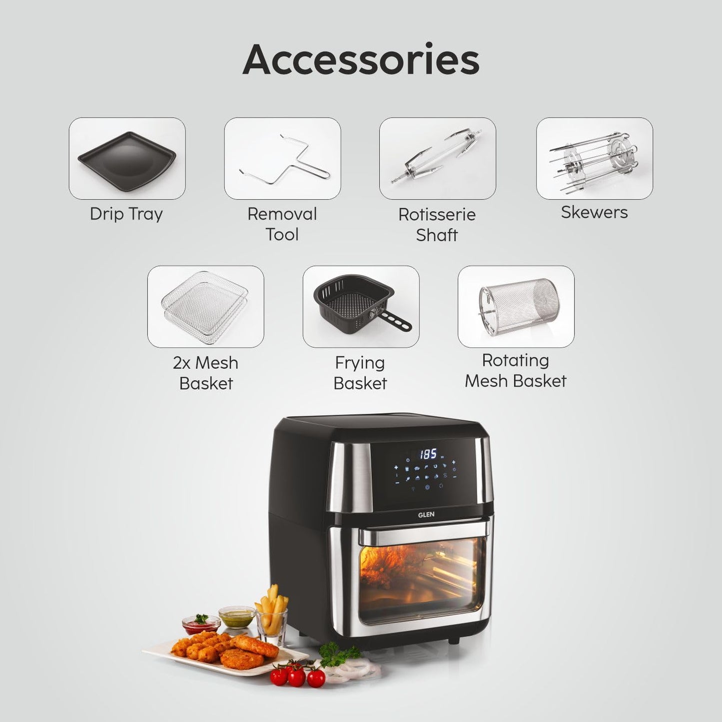 Glen 12 Litre Digital Air Fryer Oven for Home, 1800W, 10 Preset Function, Rotisserie, Digital Display & Controls, Airfryer to Dehydrate, Defrost, Bake, Roast, Toast with Less Oil -Black (SA-3046DSS)