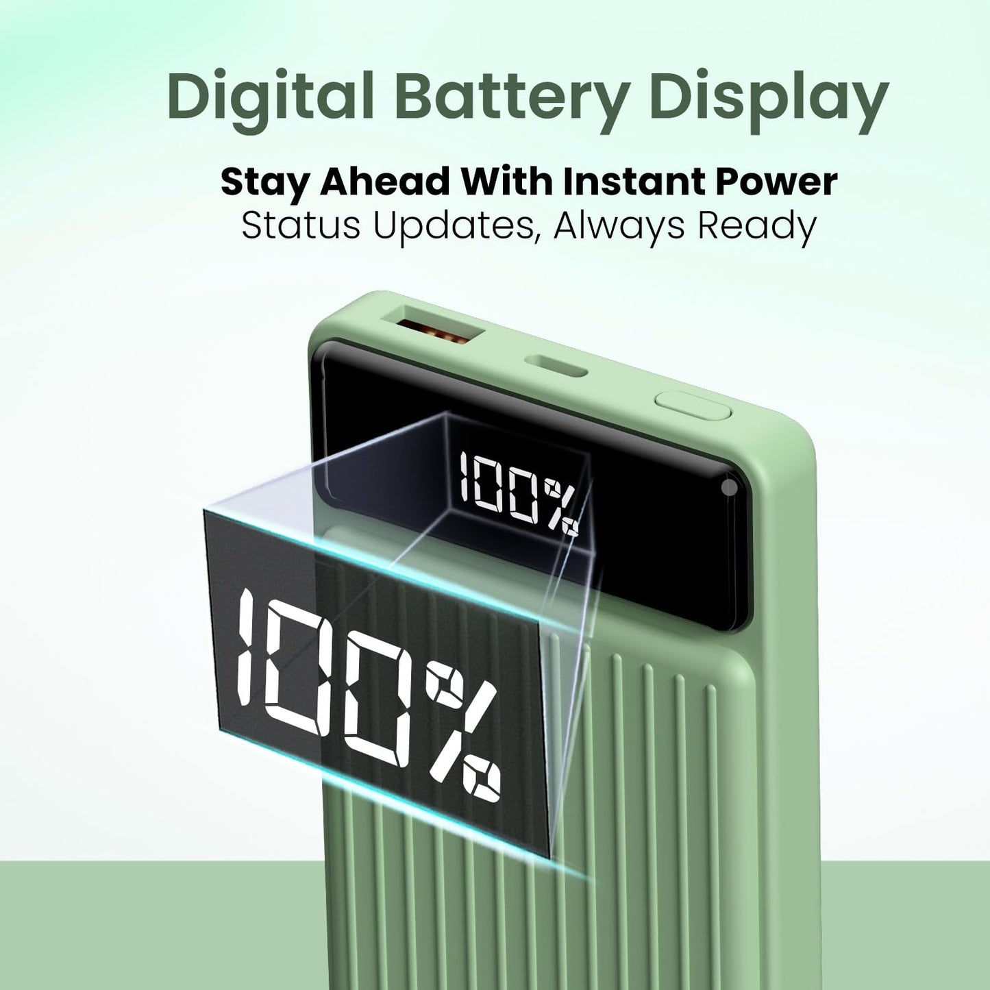 Portronics Luxcell B 10K 10000 mAh 22.5W Fast Charging Power Bank, Ultra Slim Power Bank with Mach USB-A Output, Type C PD Output, Type C Input, Wake Up Button(Green)