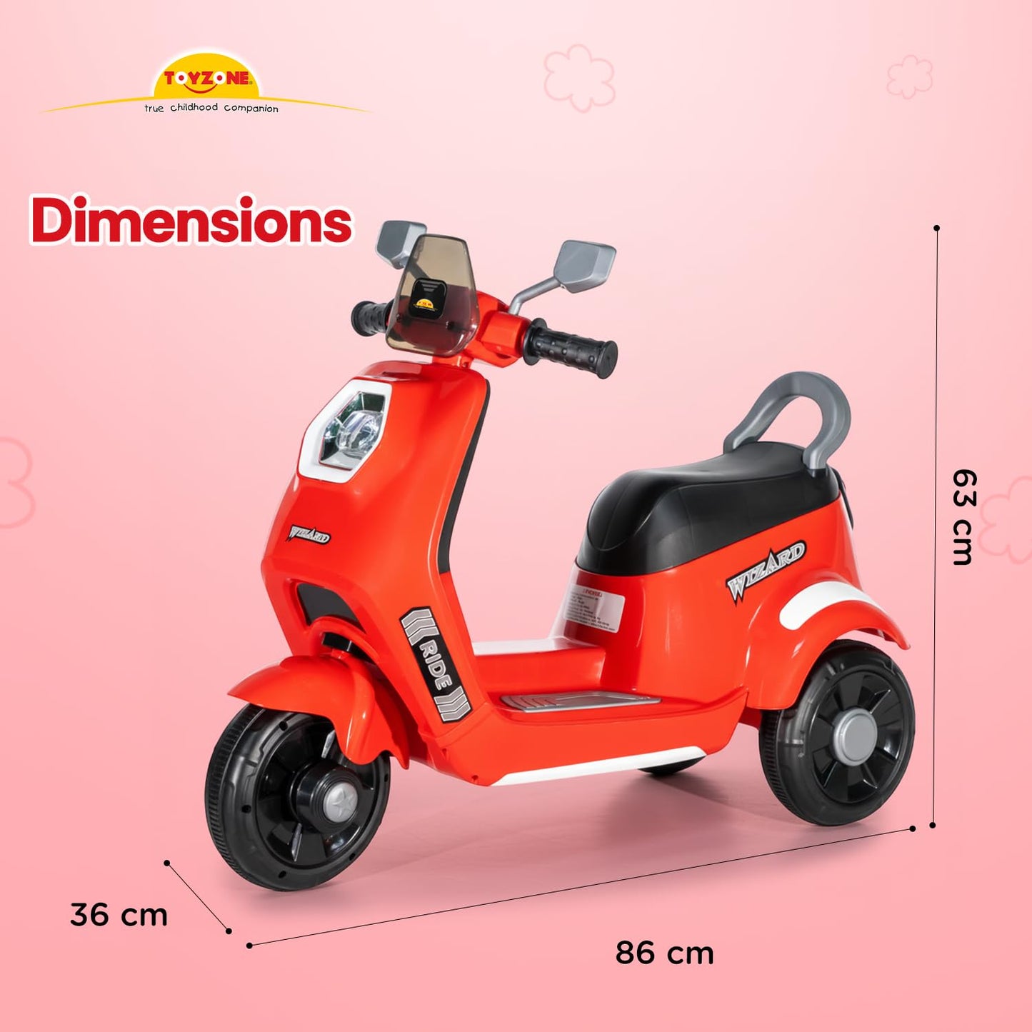 Toyzone Wizard Electric Scooty | Rechargeable Scooty 6V | Powered by 6.5 ah Battery | Music Player with Bluetoooth & USB | 6 Month Warranty on Battery | Make in India | for Kids 2+ Years (Red)