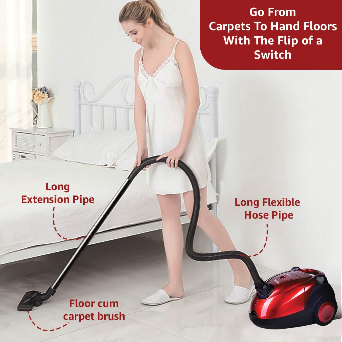 INALSA Vacuum Cleaner for Home Spruce-1200W| with Blower Function| Reusable Cloth dust Bag| Multiple Accessories | Dust Full Indicator | 2 Year Warranty (Red/Black)