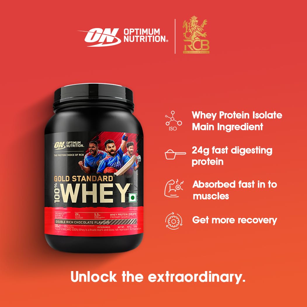 Optimum Nutrition (ON) Gold Standard 100% Whey Protein Powder 2 lbs, 907 g (Double Rich Chocolate), for Muscle Support & Recovery, Vegetarian - Primary Source Whey Isolate