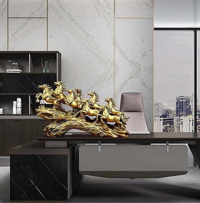 UAG Exports Golden 19 Inch 7 Running Victory Horses Resin Statue Vastu Feng Shui Showpiece for Living Room, Home Decor, Office, Housewarming, Anniversary, Birthday Gift