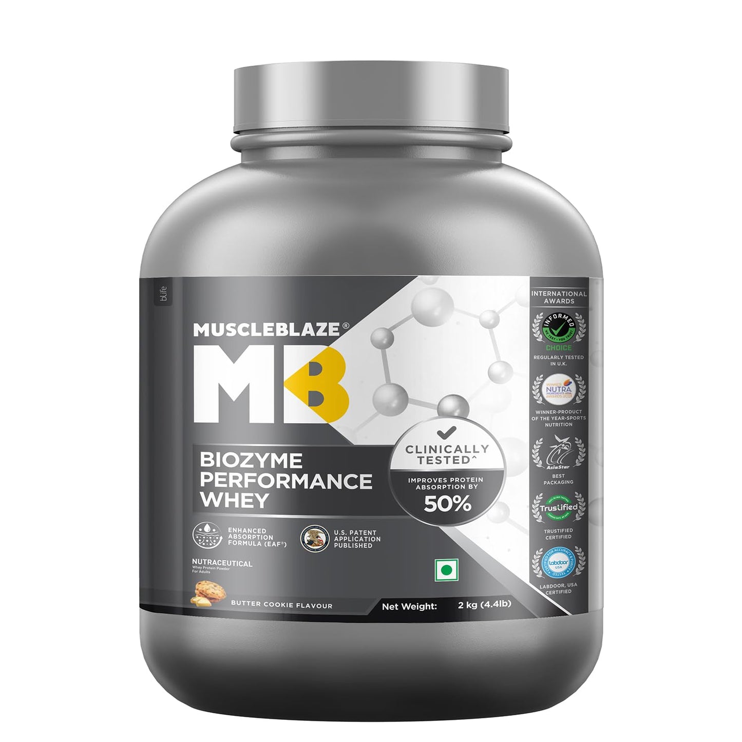 MuscleBlaze Biozyme Performance Whey Protein Powder, 1kg (2.2lbs) | Magical Mango | 25g Protein Per Scoop | Clinically Tested 50% Higher Protein Absorption