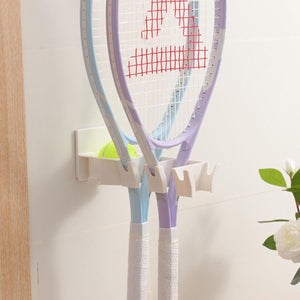 Wall Mounted Racket Holder with Key Hooks – No Drill Organizer for Tennis, Badminton, Ping Pong & Squash Rackets | Sports Equipment Storage Rack for Home & Gym(Pack of 1)