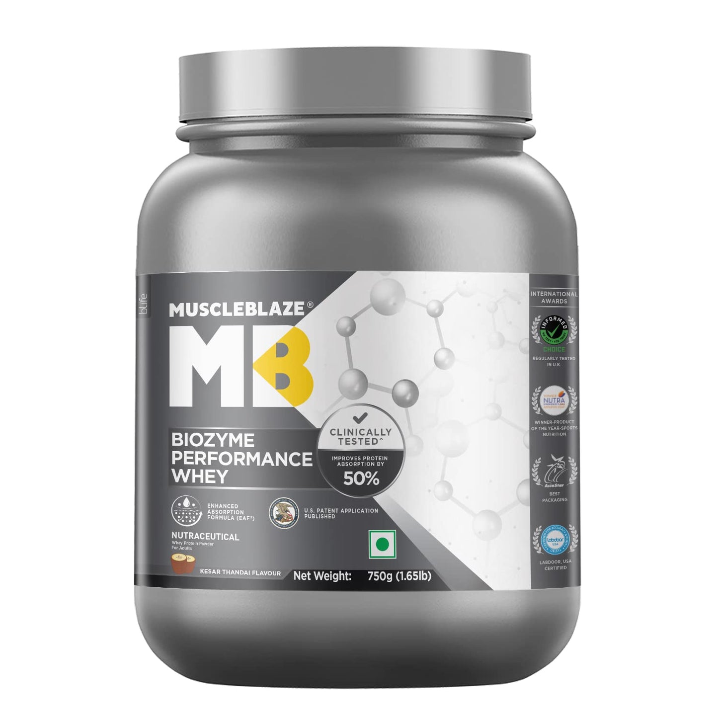 MuscleBlaze Biozyme Performance Whey Protein Powder, Rich Chocolate (1kg / 2.2lbs) | 25g Protein Per Scoop | Clinically Tested 50% Higher Protein Absorption