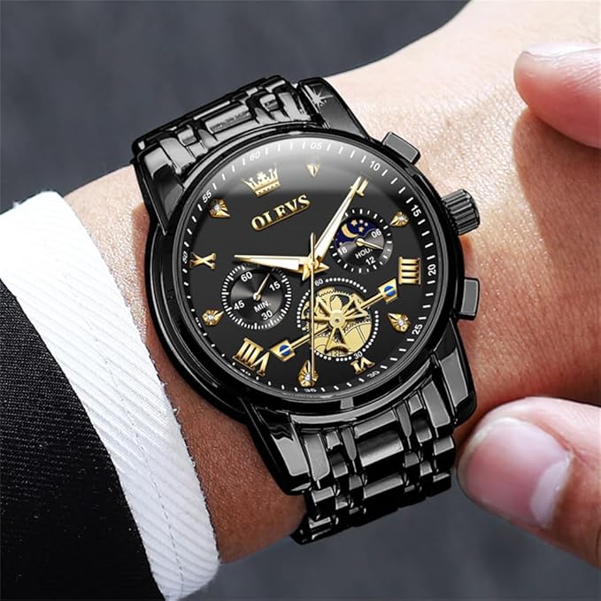 OLEVS Mens Chronograph Watch Gold Silver Stainless Steel Chain Quartz Wrist Watches Business Dress Waterproof Luminous Date Watch