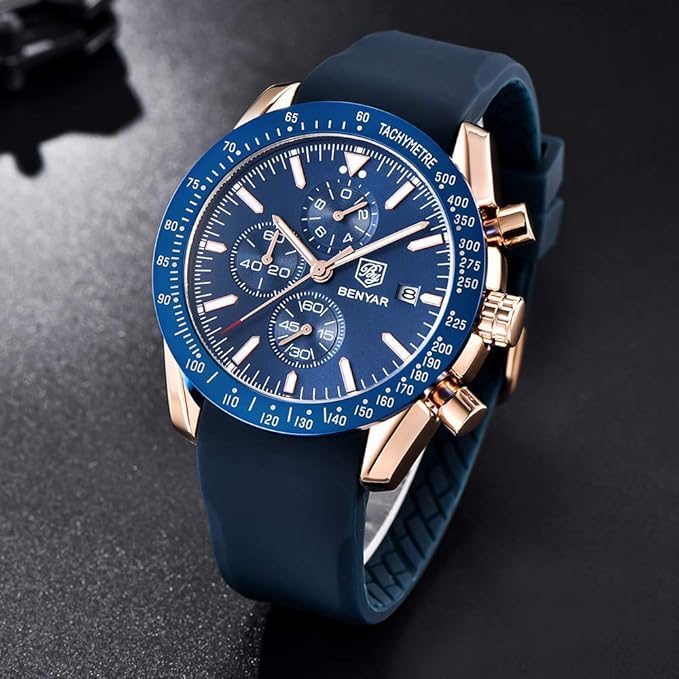 BENYAR Men's Luxury Chronograph Watch Blue Dial – Business, Casual | Quartz Movement with Date Display | Stylish Wristwatch | Gift for Men
