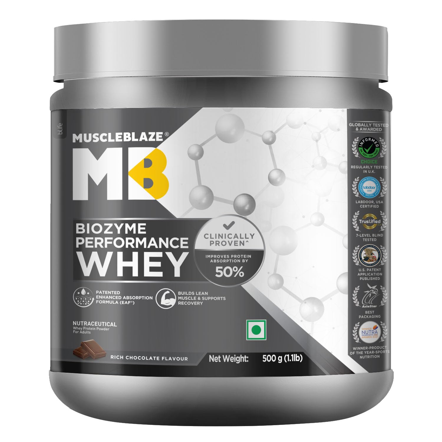 MuscleBlaze Biozyme Performance Whey Protein Powder, Chocolate Peanut Butter (2kg / 4.4lbs) | 25g Protein Per Scoop | Clinically Tested 50% Higher Protein Absorption