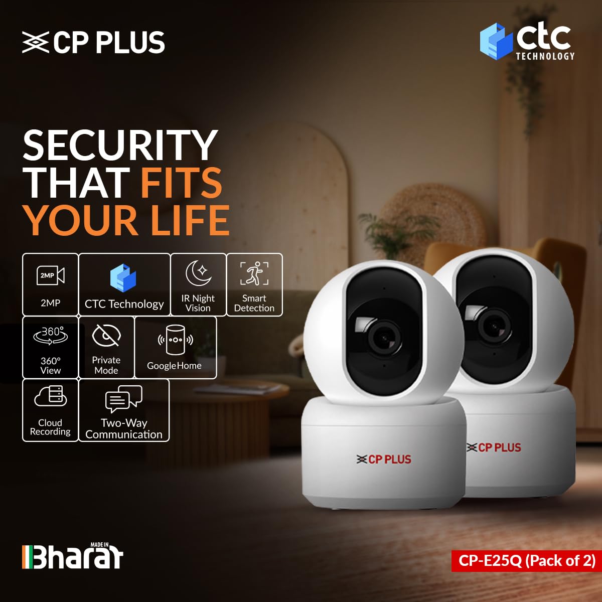 CP PLUS 2MP Full HD Wi-Fi CCTV Camera for Home with Motion Tracking | Smart Detection Suite | Night Vision | Cloud Recording | View & Talk | Supports OK Google | CTC Cyber Secure | CP-E25Q (Pack of 2)
