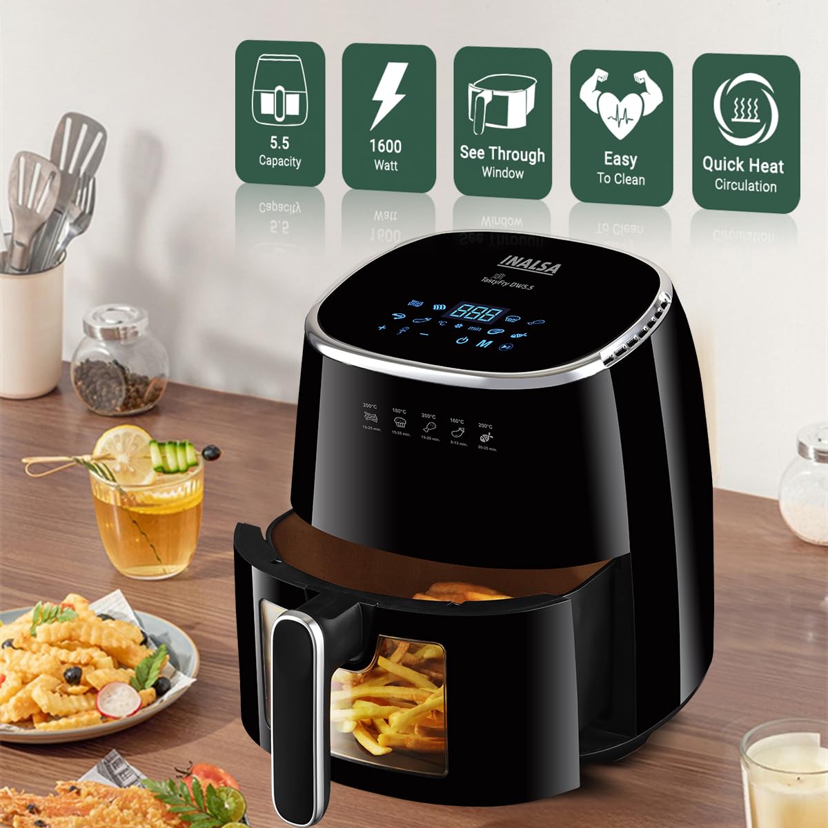 INALSA Air Fryer for Home|5.5 liter Capacity|Visible Window & Internal Light|1600 W with Smart AirCrisp Technology|6-In-1 Appliance With 8 Preset Menu & Digital Display (Tasty fry DW5.5)Black