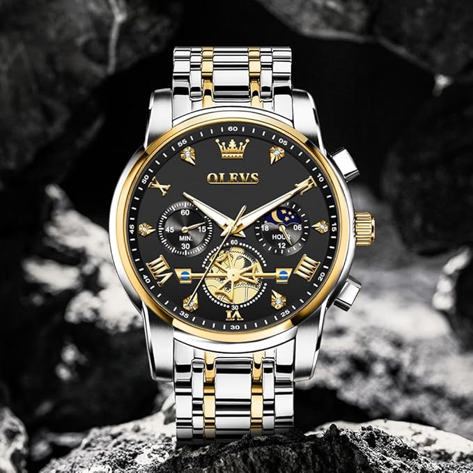OLEVS Mens Chronograph Watch Gold Silver Stainless Steel Chain Quartz Wrist Watches Business Dress Waterproof Luminous Date Watch