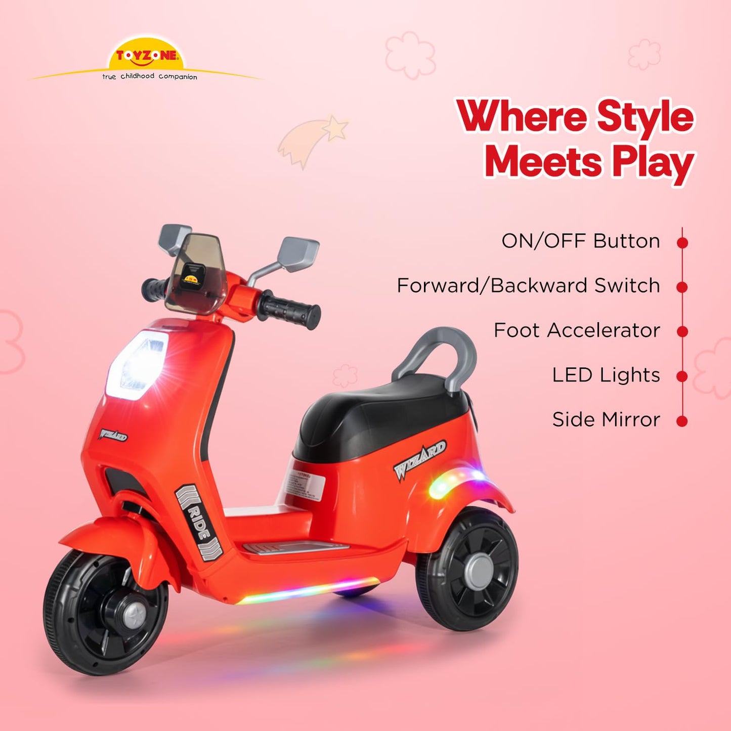 Toyzone Wizard Electric Scooty | Rechargeable Scooty 6V | Powered by 6.5 ah Battery | Music Player with Bluetoooth & USB | 6 Month Warranty on Battery | Make in India | for Kids 2+ Years (Red)