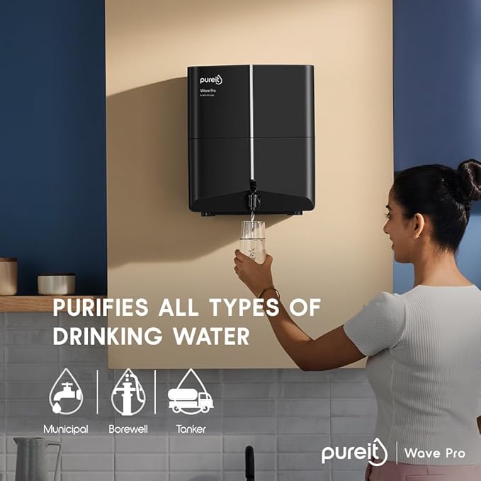 Pureit Wave Pro Mineral RO+UV LED in-tank | 7 stage Purification | 7 Litres Capicity | Up to 45% Water Saving | Suitable for Borewell, Tanker & Muncipal Water | Wall Mountable | Black