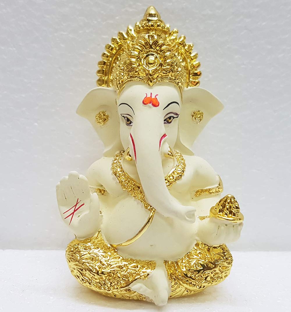 Gold Art India Ganesha Gold Plated Idol for Car Dashboard Ganesha Murti Ganpati Idol for Home Decor Puja Lord Ganesh Statue Gift for Office Desk Puja Room Figurine (Gold and Cream)