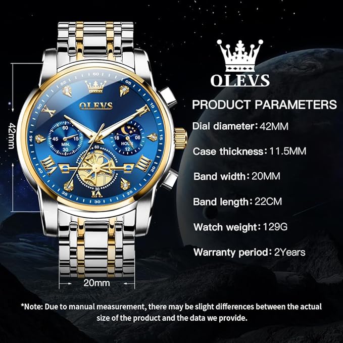 OLEVS Mens Chronograph Watch Gold Silver Stainless Steel Chain Quartz Wrist Watches Business Dress Waterproof Luminous Date Watch