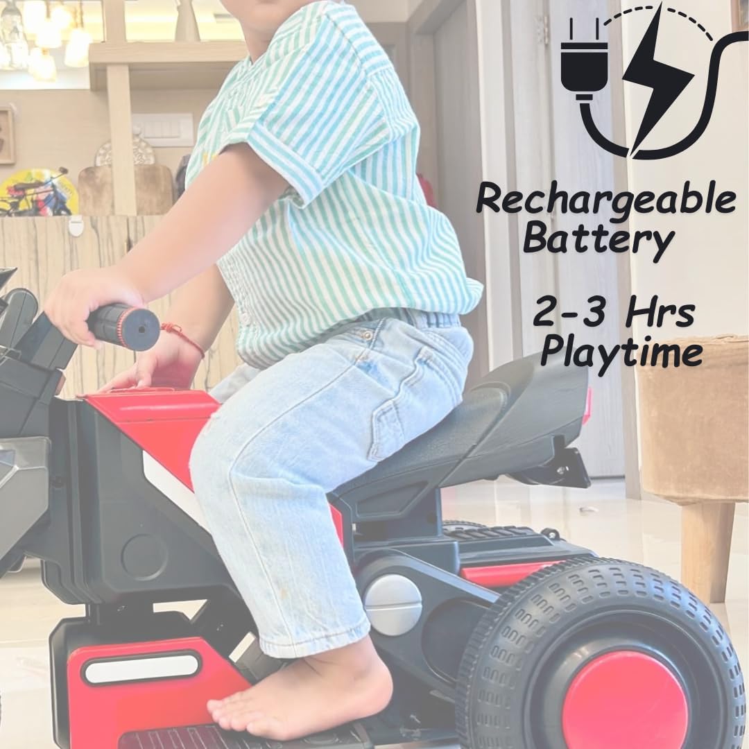 Storio Red Battery Ride-on Bike for Kids – Electric Motorcycle with Support Wheels, Music, LED Lights, Headlight, Rechargeable Battery, Smooth Ride.