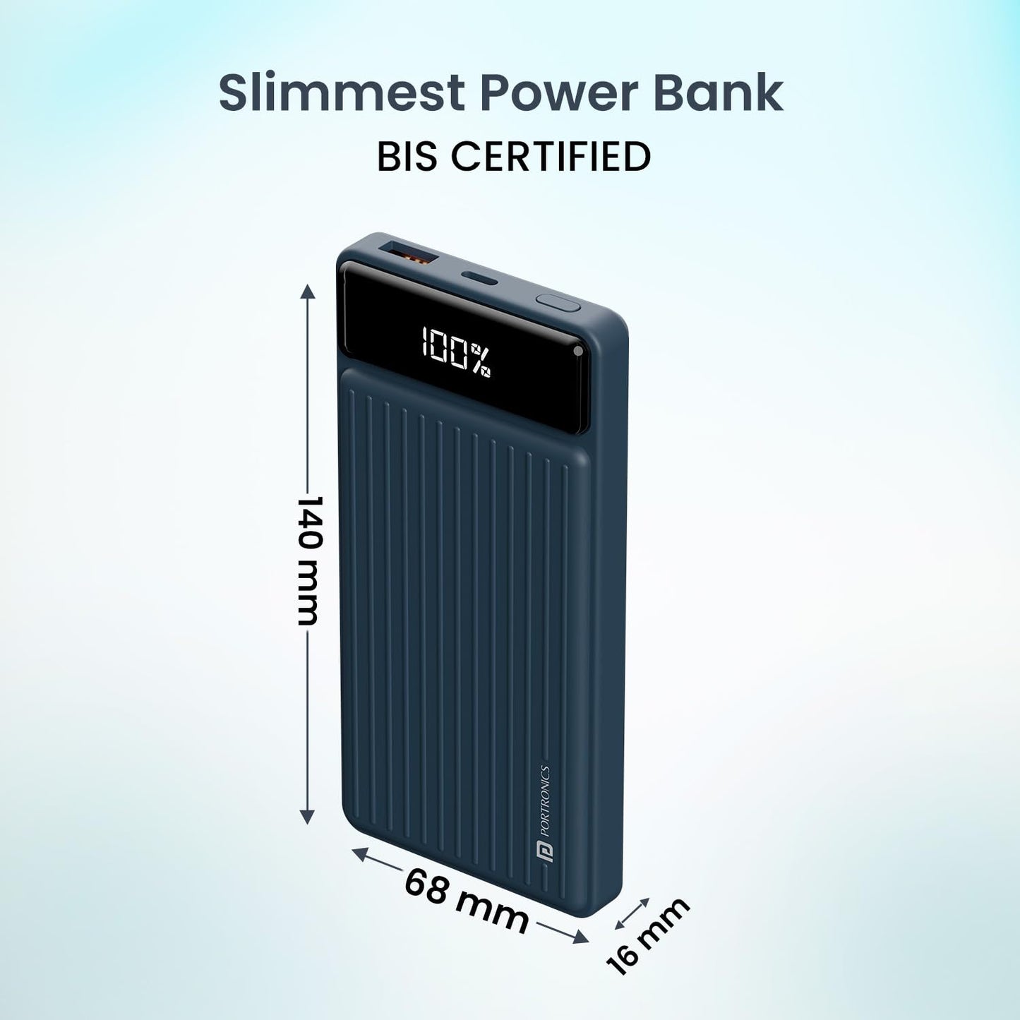 Portronics Luxcell B 10K 10000 mAh 22.5W Fast Charging Power Bank, Ultra Slim Power Bank with Mach USB-A Output, Type C PD Output, Type C Input, Wake Up Button(Dark Blue)