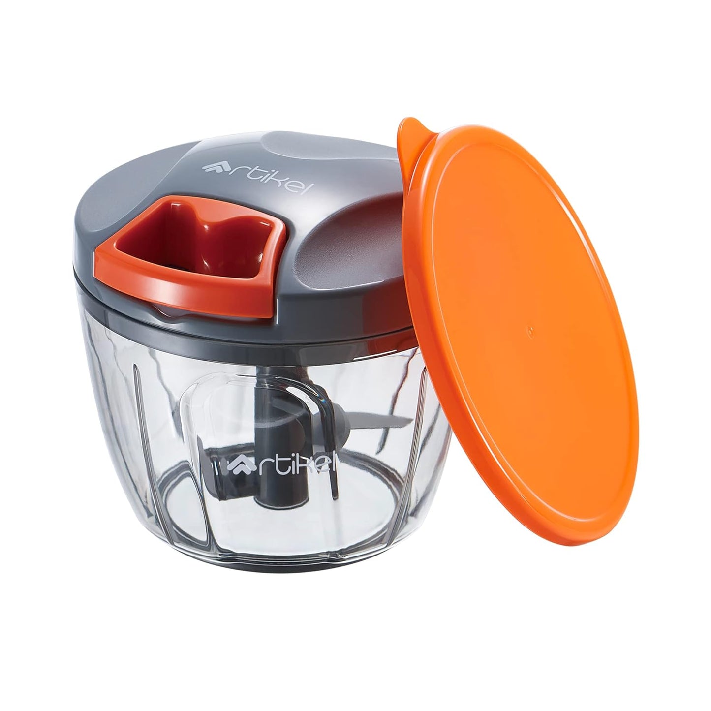 Artikel Manual Chopper with Storage Lid | Chops Vegetables, Nuts & Fruits | Meat Mincer | Medium - 650 mlGrey & Orange - Springkart 