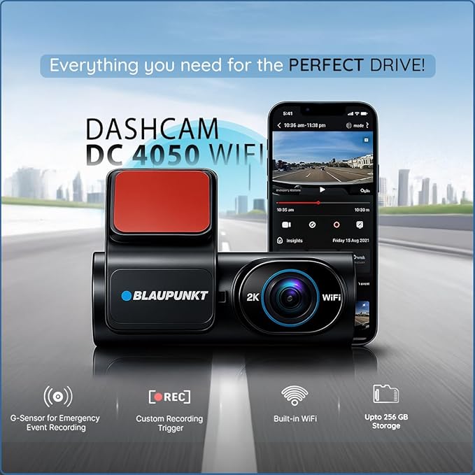 Blaupunkt Dashcam-DC 4050 WiFi Dual Camera 2K +1080P,Dual Port Charger,Dashboard Mount,G Sensor,256GB SD Card Capability,Mobile APP,140° Wide Angle View,Built-in Mic and Speaker,Time & Date Stamp